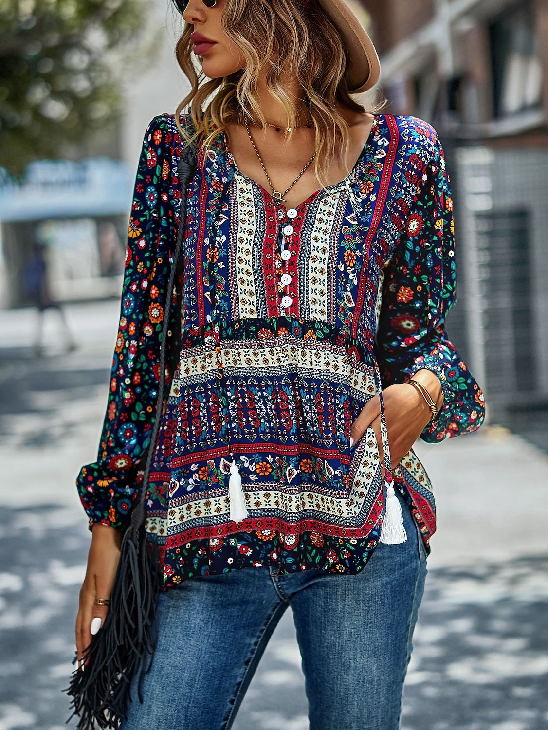 Dame Skjorte Boho skjorte Blondeskjorte Bluse Blomstret Mote Langermet V-hals Vanlige topper Avslappet Ferie Blondér Trykt mønster Rød Navyblå Blå Lilla Grønn Vår & Vinter 2025 - $31.99 –P5