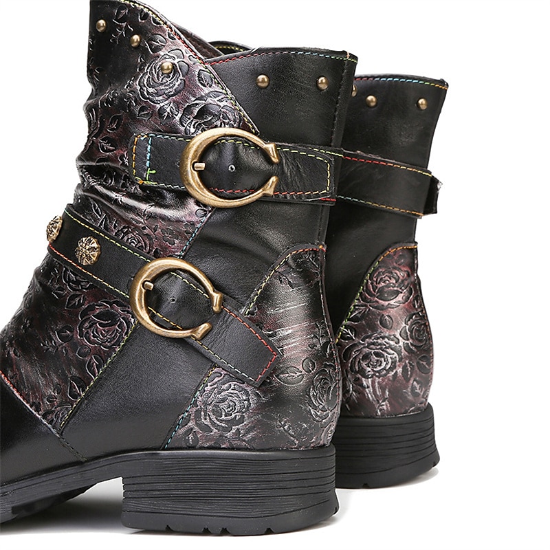 Vintage leren enkellaarsjes met bloemenreliëf voor dames – stijlvol bordeauxrood gespbandontwerp voor casual herfst- en winterkleding 2026 - $99.99 –P12