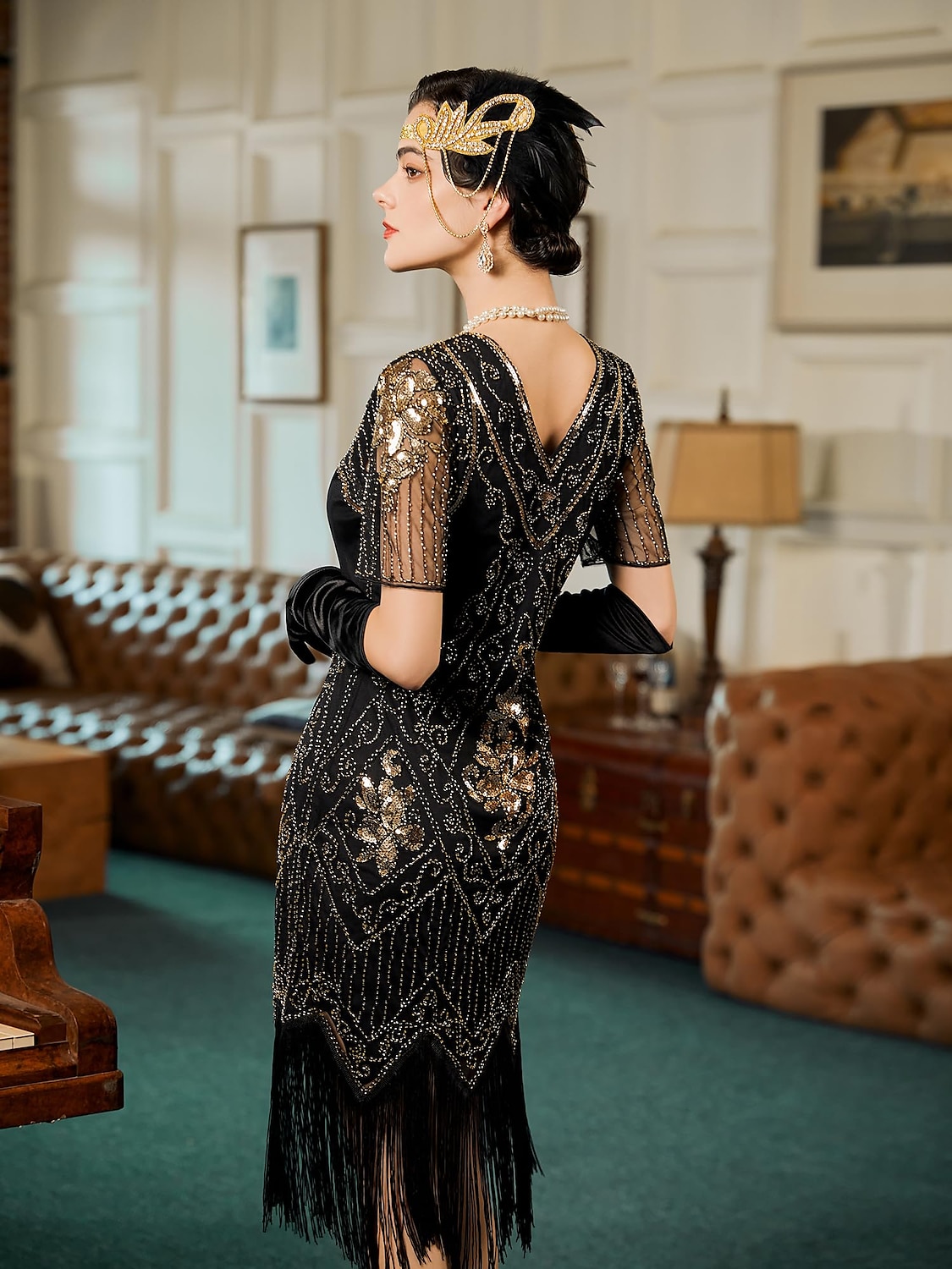 Retro Vintage Roaring 20s 1920s Flapper Dress Outfits Accessories Set The Great Gatsby Wedding Guest Sequins Tassel Fringe Sequin Tassel V Neck Women's Halloween Carnival Masquerade Carnival Party 2025 - $57.99 –P8