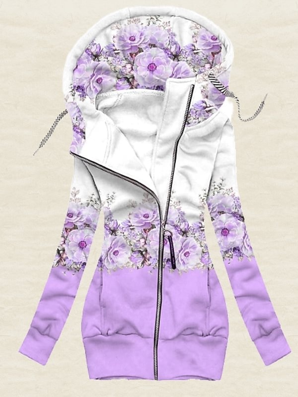 Pentru femei Floral Activ Îmbrăcăminte sportivă Manșon Lung Hanorac cu gluga Topuri obișnuite Casual Sport Inchide fermuarul Cordon Imprimeu Roz Îmbujorat Albastru piscină Mov Toamna iarna 2025 - $35.99 –P1