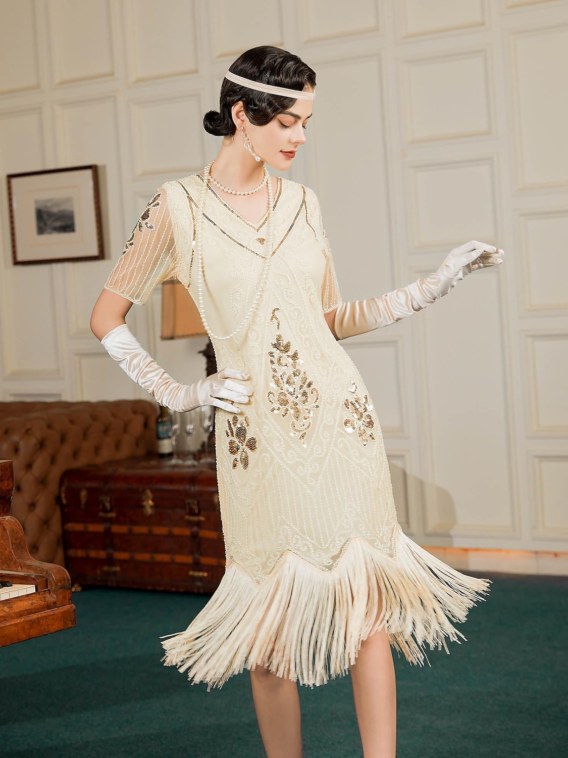 Retro Vintage Roaring 20s 1920s Flapper Dress Outfits Accessories Set The Great Gatsby Wedding Guest Sequins Tassel Fringe Sequin Tassel V Neck Women's Halloween Carnival Masquerade Carnival Party 2025 - $57.99 –P20