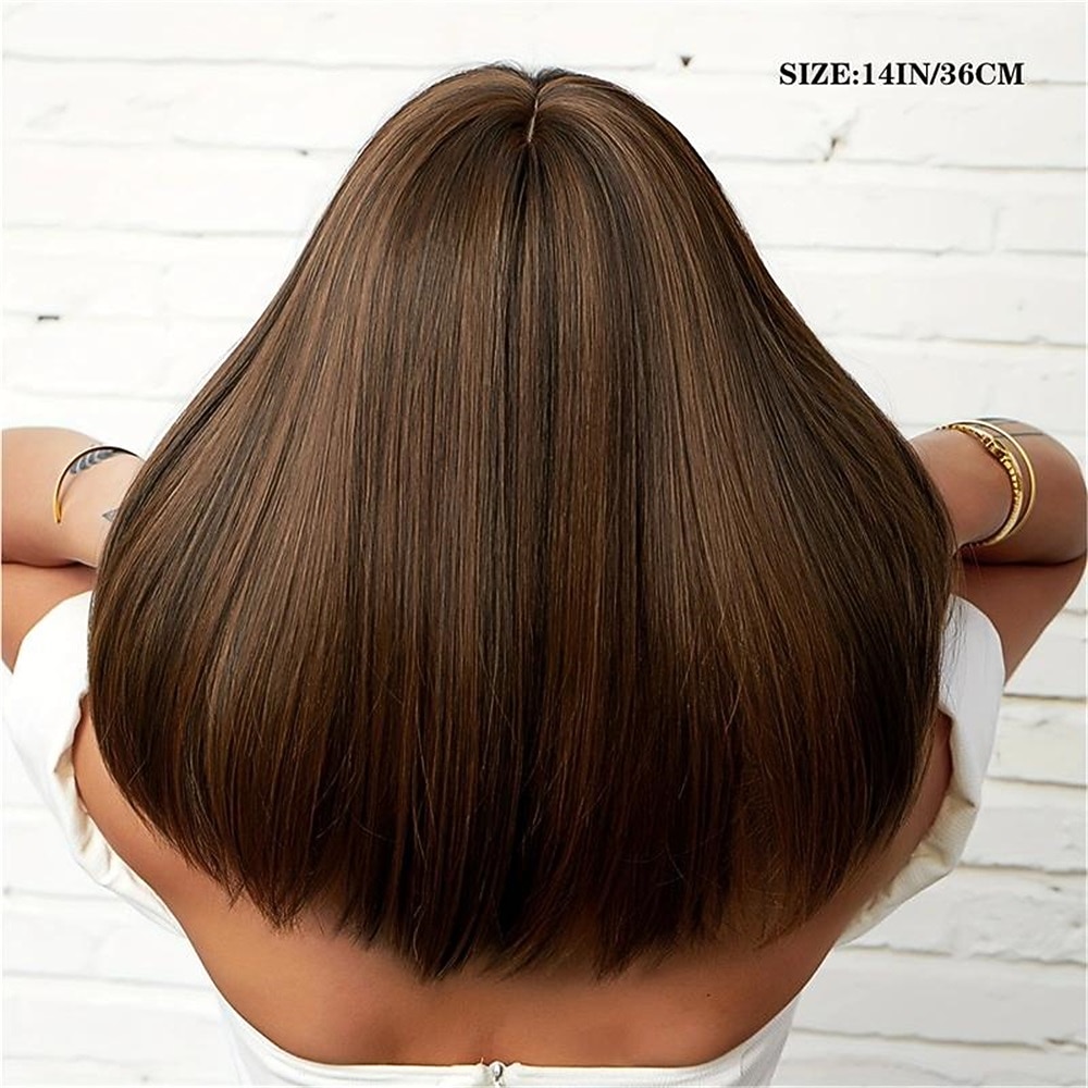 bruine bobpruik met pony, schouderlengte, rechte pruiken voor vrouwen, hittebestendige vezel, synthetische pruik, natuurlijk ogend 14 inch 2025 - $19.99 –P4