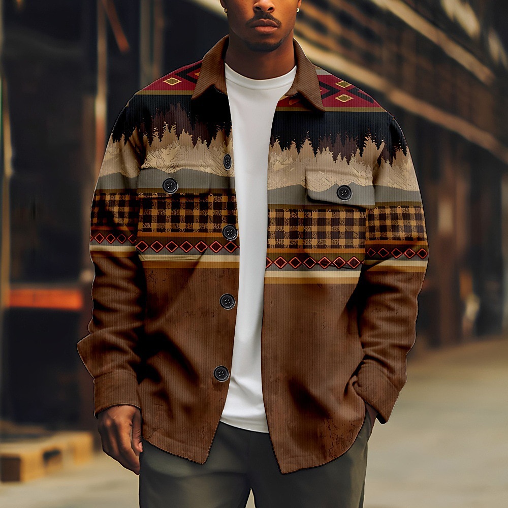 Men's Bohemian Argyle Bandana Print Shirt Shirt Jacket Long Sleeve Vintage Outdoor Vacation Casual Daily Fall & Winter Lapel Buttons Pocket Print Red Brown Green Coffee 2025 - $37.99 –P1