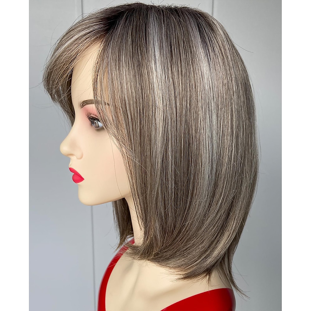 Parrucche corte grigie sfumate per donna Parrucca caschetto grigia lunga fino al mento a strati Parrucca di capelli lisci di media lunghezza Parrucca sintetica dall'aspetto naturale del 2025 a $18.99 –P4