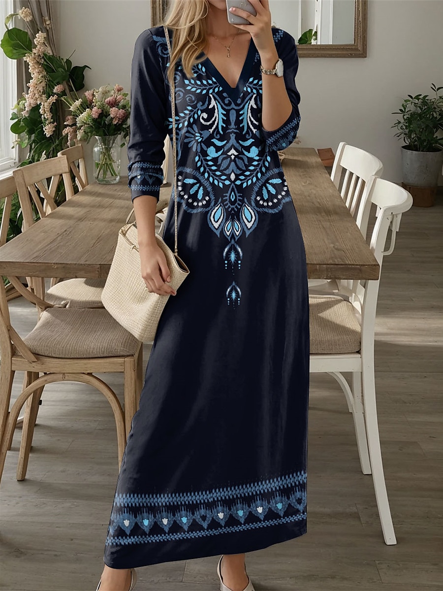 Rochie Maxi Femei Rochie Casual Rochie T-Shirt Rochie Tee Imprimare Tribal Floral cu Buzunar Decolteu în V Rochie Lungă Rochie Maxi Vintage Etnică Întâlnire Vacanță Mâneci Lungi Toamnă Iarnă 2025 - $36.99 –P2