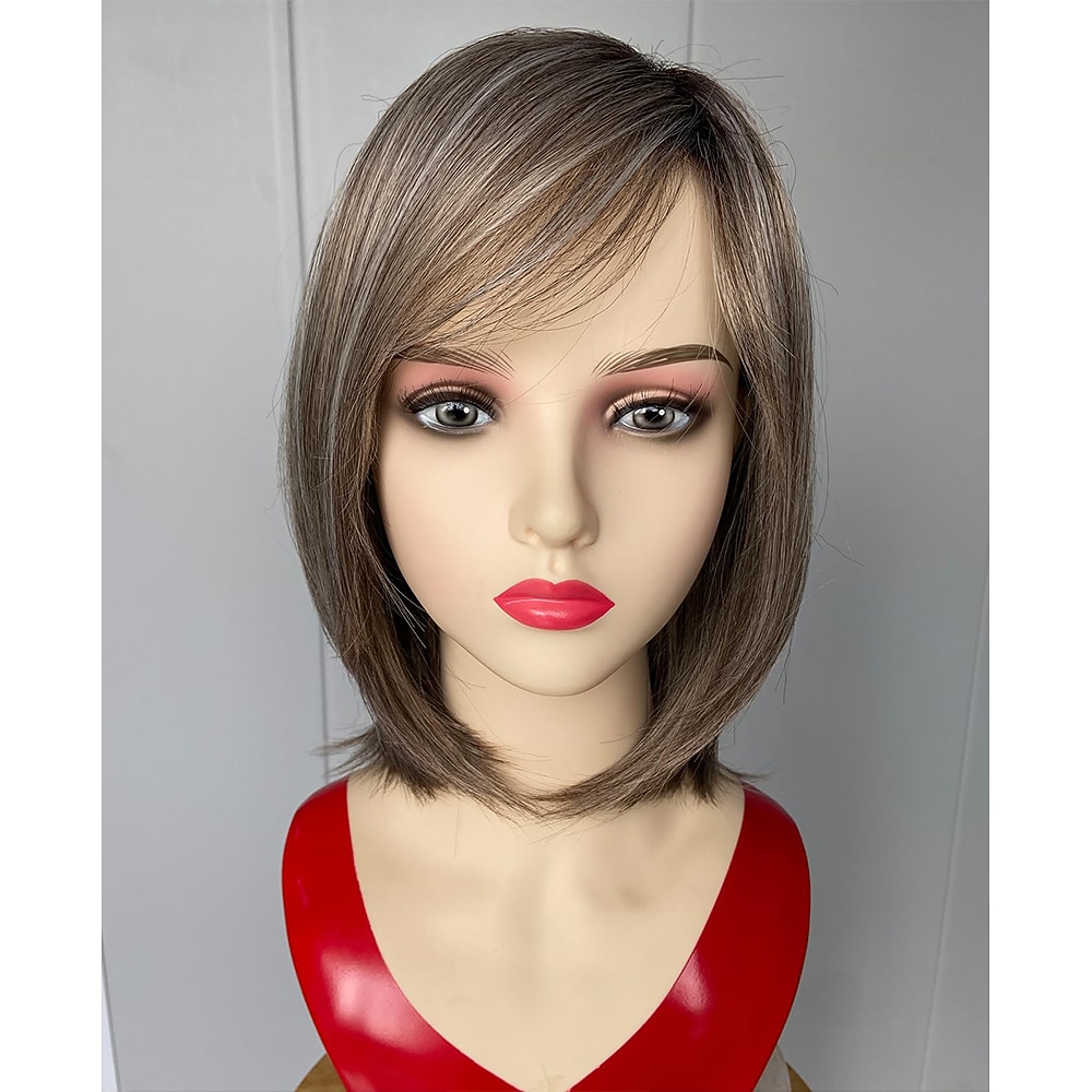 Parrucche corte grigie sfumate per donna Parrucca caschetto grigia lunga fino al mento a strati Parrucca di capelli lisci di media lunghezza Parrucca sintetica dall'aspetto naturale del 2025 a $18.99 –P2