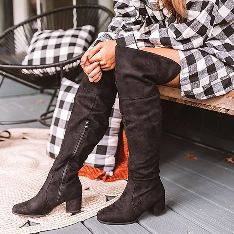 Khakifarbene Overknee-Stiefel aus Wildlederimitat mit Blockabsatz für Damen – stilvoll und bequem für die Herbst- und Wintermode 2025 - $59.99 –P3