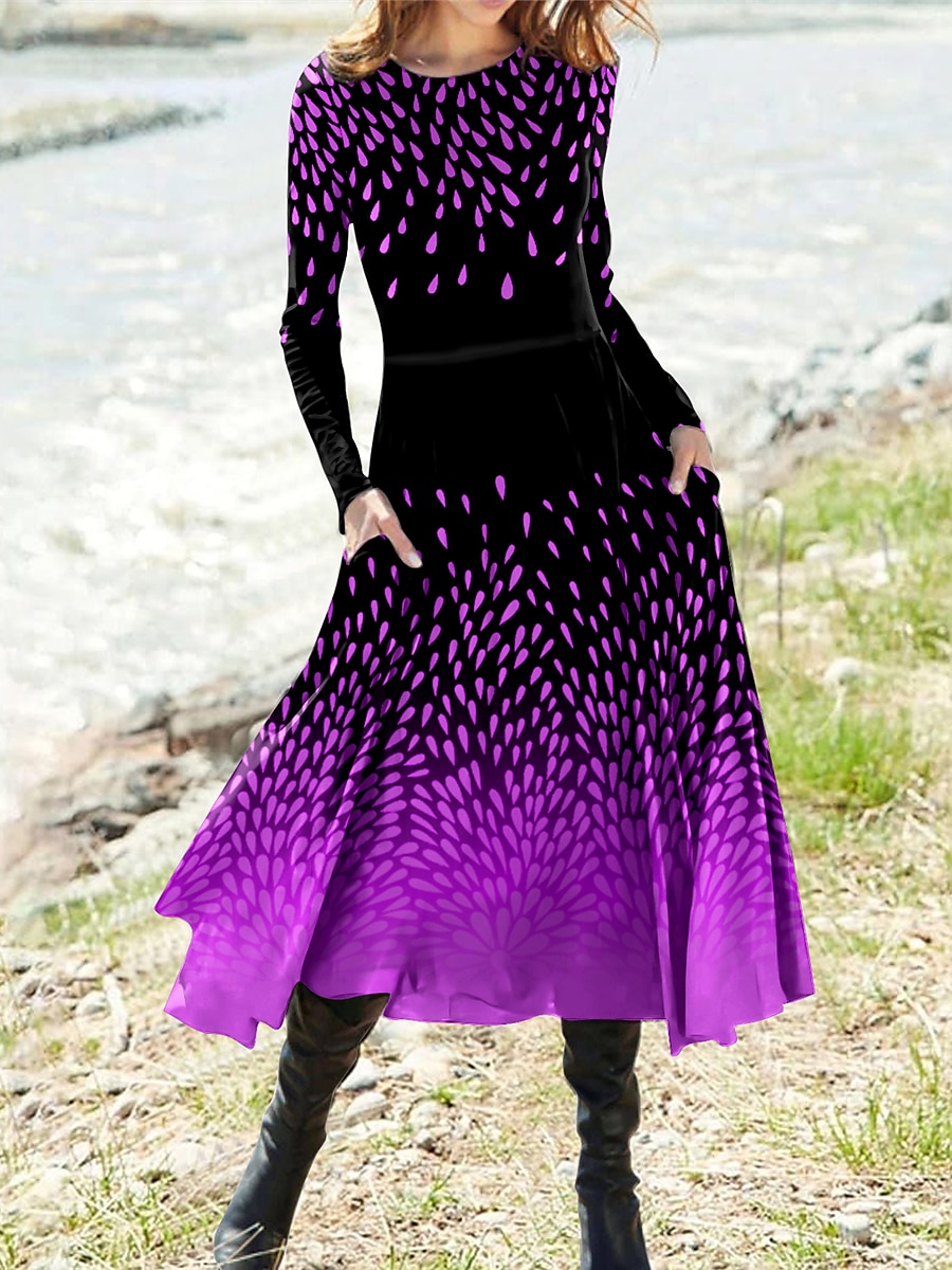 Damen Midi Kleid A-Linie Kleid Lässiges Kleid Winterkleid Swing Kleid Mode Streetwear Reif Formell Outdoor Urlaub Reguläre Passform Ombre Lange Ärmel Rundhalsausschnitt Weinrot Lila Grau Herbst Winter 2025 - $36.99 –P3