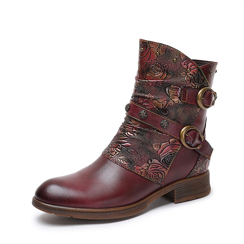 Vintage leren enkellaarsjes met bloemenreliëf voor dames – stijlvol bordeauxrood gespbandontwerp voor casual herfst- en winterkleding 2026 - $99.99 –P1
