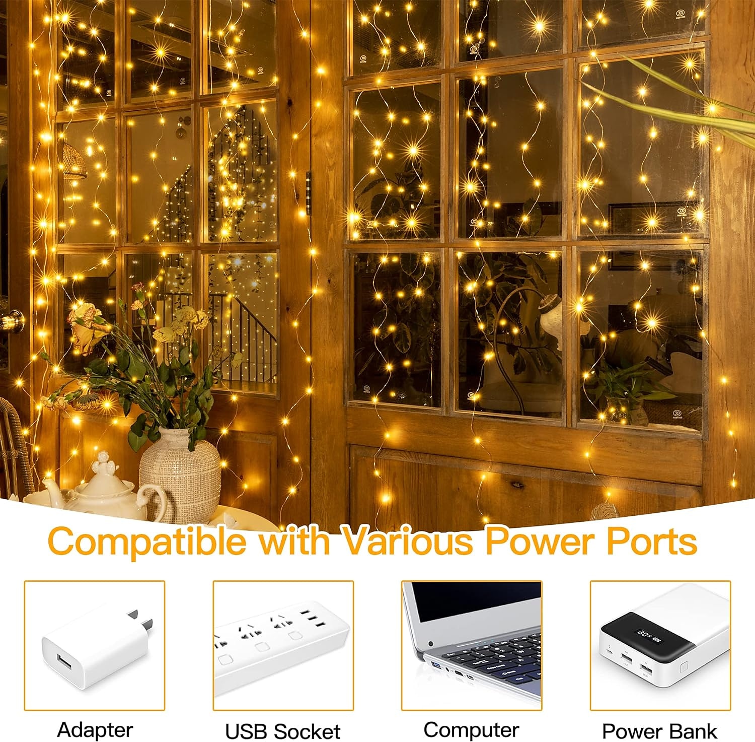 HXWEIYE 300LED Fairy Curtain Lights, 9.8x9.8Ft Warm White USB Plug in 8  Modes Christmas String Hanging Lights with Remote for Bedroom, Indoor