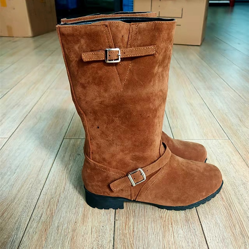 damskie czarne buty motocyklowe ze sztucznej skóry z paskiem z klamrą, sięgające do połowy łydki i wytrzymałą podeszwą, idealne na motocykl i do codziennego noszenia 2025 - $59.99 –P5