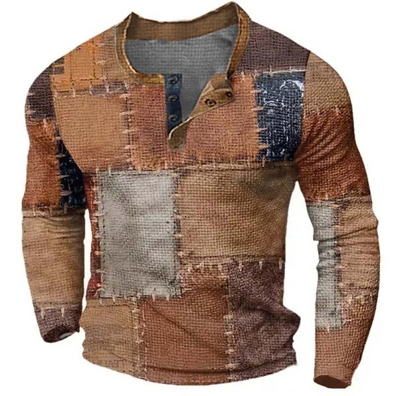 2025年 男性用 グラフィック カラーブロック パッチワーク ヘンリーシャツ ワッフルTシャツ 長袖 3Dプリント ファッション デザイナー カジュアル スポーツ・アウトドア 祝日 祭り 春 & 秋 イエロー ブルー ブラウン グレー ヘンリー ヘンリーTシャツ コレクション – $23.99 –P1