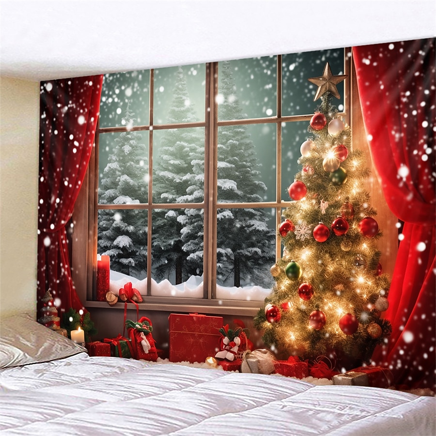 Sfondo Fotografico In Vinile Natale 2.5x1.8m Con Albero, Finestra, Neve E Muro Di Mattoni, Per Feste E Decorazioni