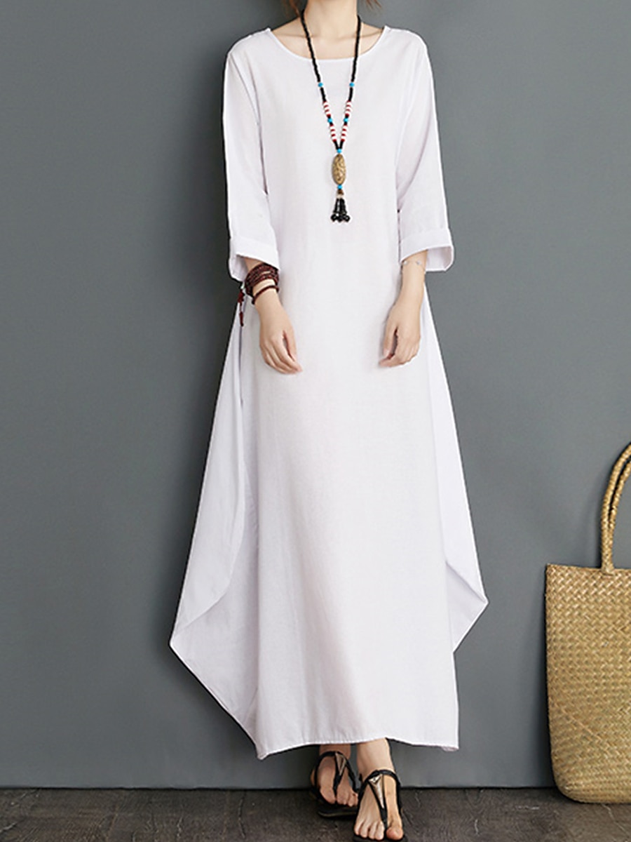 Damen Langes Kleid Maxikleid Leinen-inspirierte Kleider Weißes Kleid Freizeitkleid Winterkleid Streetwear Urlaub Straße Lässiger Schnitt Langarm Rundhalsausschnitt Schwarz Weiß Rote Blau Herbst Winter 2025 - $26.99 –P2