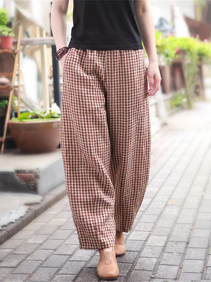 Women's Wide Leg Pants Trousers Linen Cotton Blend Plaid High Waist Full Length Black Fall 2025 - $18.99 –P1