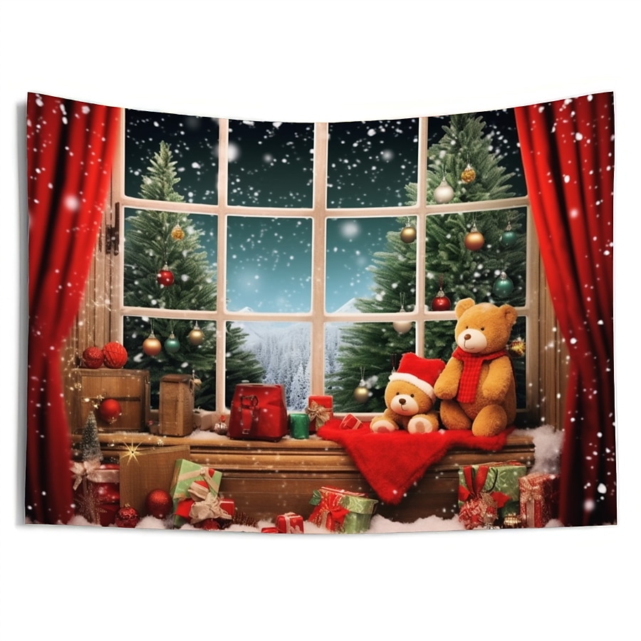 juldekorationer julgran hängande gobeläng väggkonst xmas stor gobeläng väggmålning dekor fotografi bakgrund filt gardin hem sovrum vardagsrum björn fönster vy 2025 - $17.49 –P12