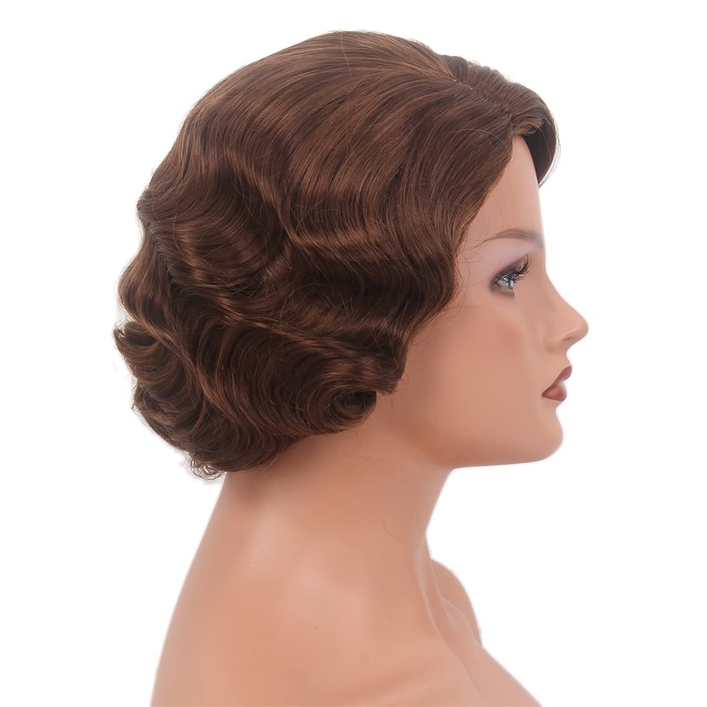 Krátké popelavě hnědé paruky pro ženy přírodní prstová vlna syntetická paruka pro ženy dámy cosplay anime party kostýmy anime flapper paruka halloweenské paruky 2025 - $18.49 –P5