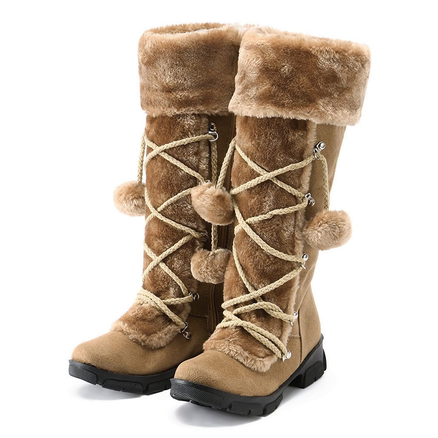 botas de inverno femininas de pele sintética preta com cadarços de pompom - isolamento quente, design na altura do joelho, solas antiderrapantes para clima frio e dias de neve de 2025 por $59.99 –P7