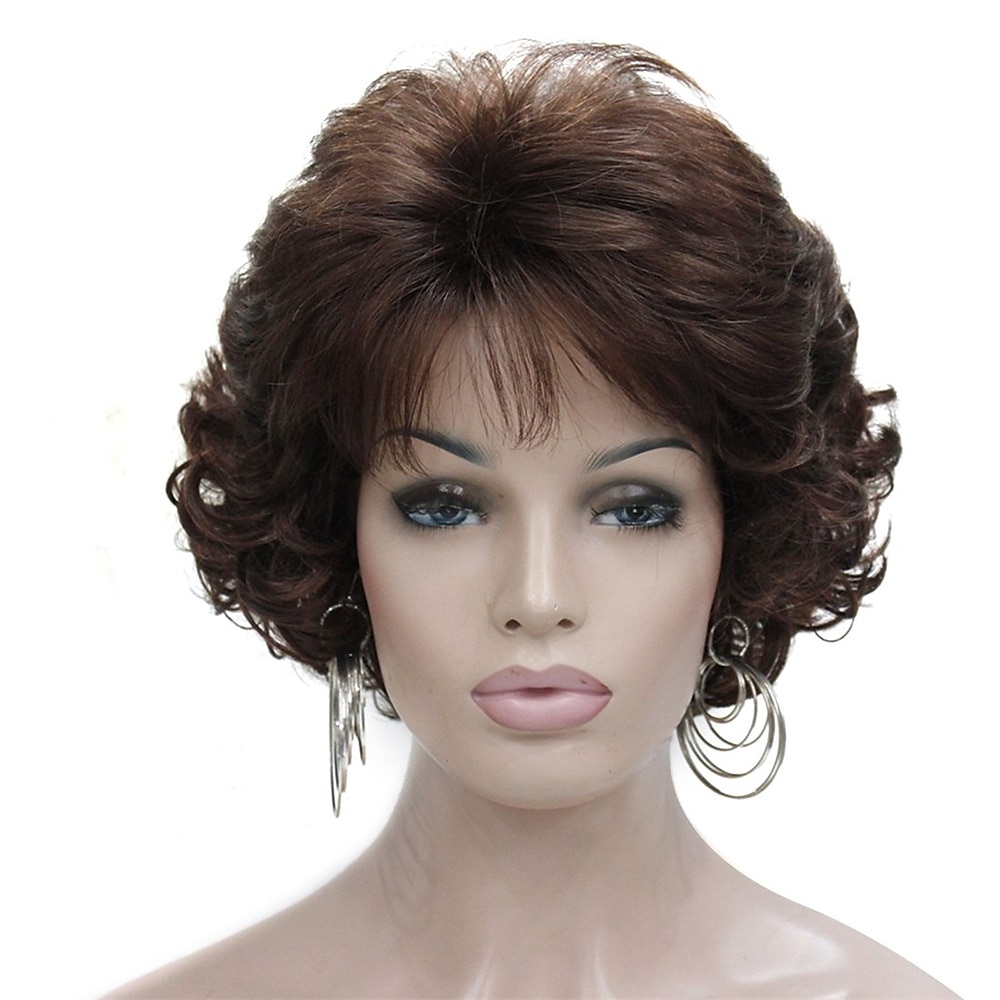 Perruque ondulée courte bouclée marron foncé avec frange de cheveux 100 % importée de qualité supérieure - Perruques de cheveux marron synthétiques pour femme (marron) de 2025 ? $18.99 –P1