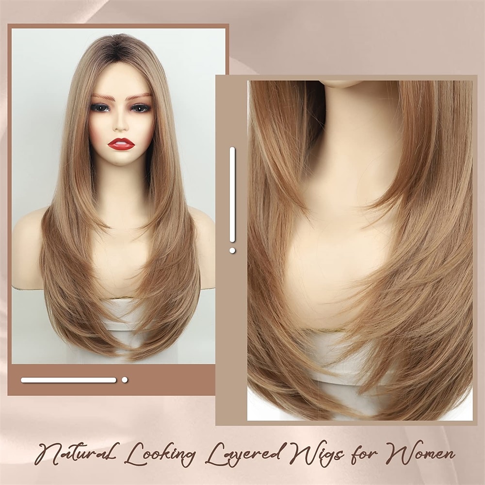 lange blonde pruiken voor blanke vrouwen gelaagde rechte aardbeiblonde pruiken met donkere wortels 25 inch synthetisch haar dagelijkse cosplay halloween pruik 2026 - $18.99 –P3