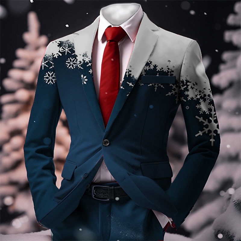 2025年 クリスマス メンズ クリスマス シーン プリント ブレザー スノーフレーク ビジネス コート ブレザー 暖かい 通気性 快適 仕事着 外出 ボタン プリント マルチポケット レギュラーフィット 秋&amp;冬のターンダウンロング  コレクション – $64.99 –P3