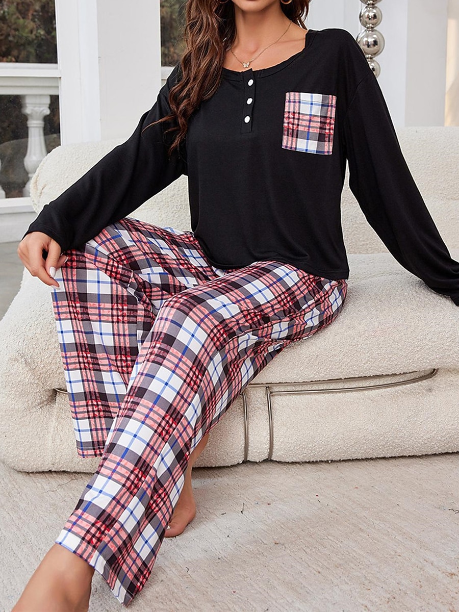 pyjamasset för kvinnor rutnät / pläd avslappnad komfort hemsäng som andas med rund hals långärmad t-shirt t-shirt byxknappficka höst vinter hemkläder 2025 - $27.99 –P1