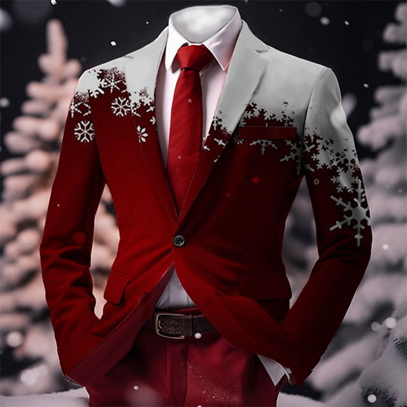 2025年 クリスマス メンズ クリスマス シーン プリント ブレザー スノーフレーク ビジネス コート ブレザー 暖かい 通気性 快適 仕事着 外出 ボタン プリント マルチポケット レギュラーフィット 秋&amp;冬のターンダウンロング  コレクション – $64.99 –P1