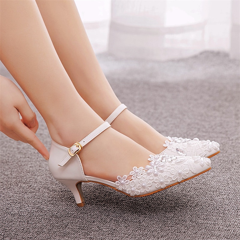 Women's White Lace Floral Embroidered Kitten Heel Shoes with Ankle Strap – Elegant Bridal Wedding Shoes 2025 - $54.99 –P1