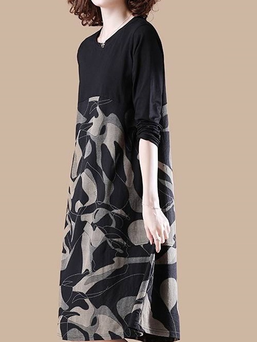 Women's Casual Dress Winter Dress Floral Color Block Patchwork Print Crew Neck Midi Dress Daily Vacation Long Sleeve Fall Winter 2025 - $22.99 –P6