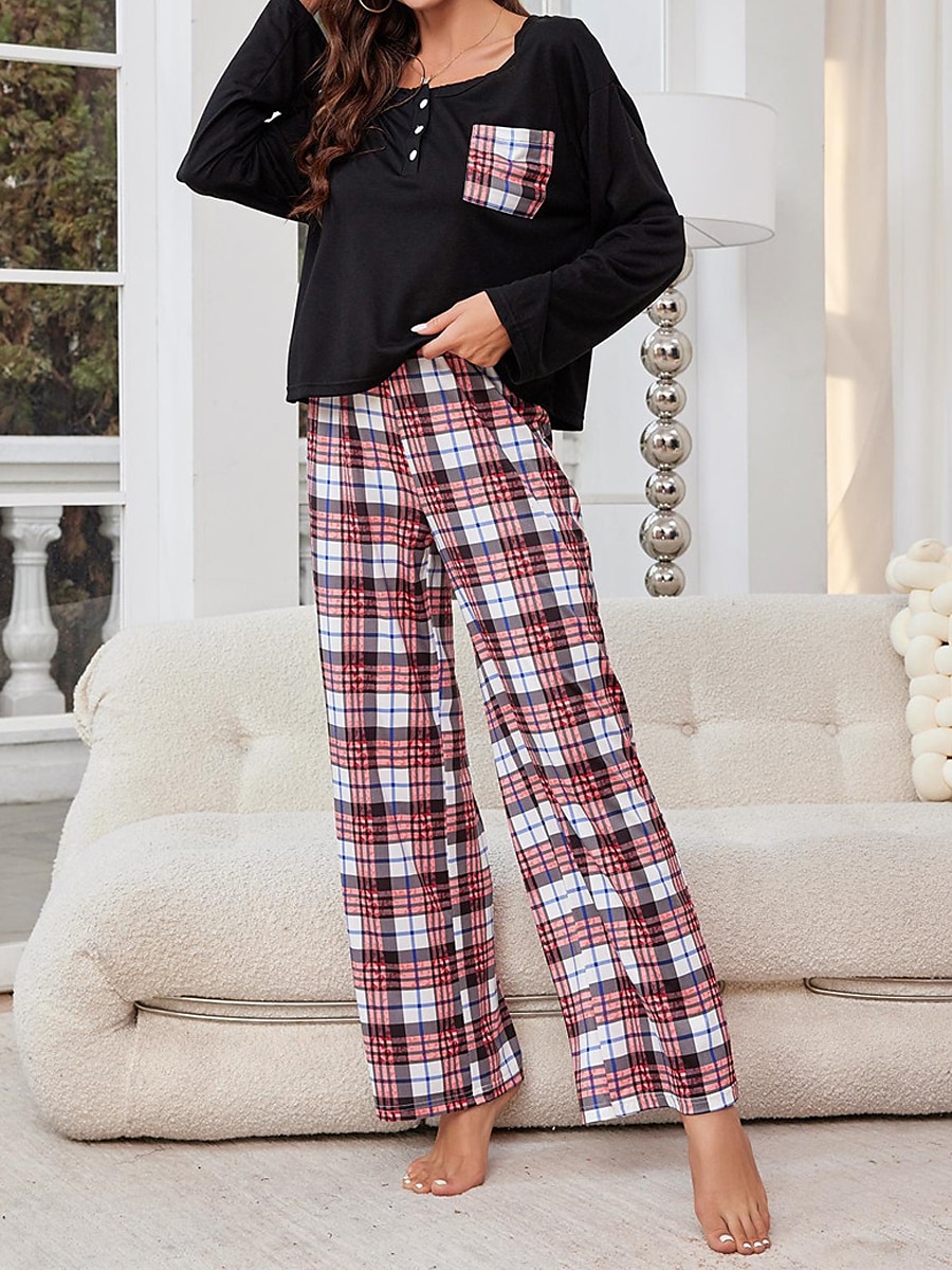 pyjamasset för kvinnor rutnät / pläd avslappnad komfort hemsäng som andas med rund hals långärmad t-shirt t-shirt byxknappficka höst vinter hemkläder 2025 - $27.99 –P5