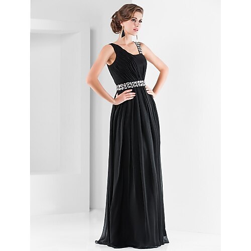 Strak / kolom Blote rug Jurk Formele avonden Militair gala Tot de grond Mouwloos hihnat Chiffon met Kristaldetails Drapering 2023 2026 - $109.99 –P1