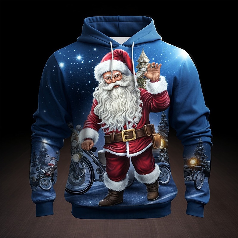 Sudadera con capucha de Papá Noel para hombre, diseño navideño en 3D, con estampado gráfico de Papá Noel, moda 3D, para deportes al aire libre, vacaciones, sudadera con capucha, manga larga, azul 2025 - $32.99 –P2