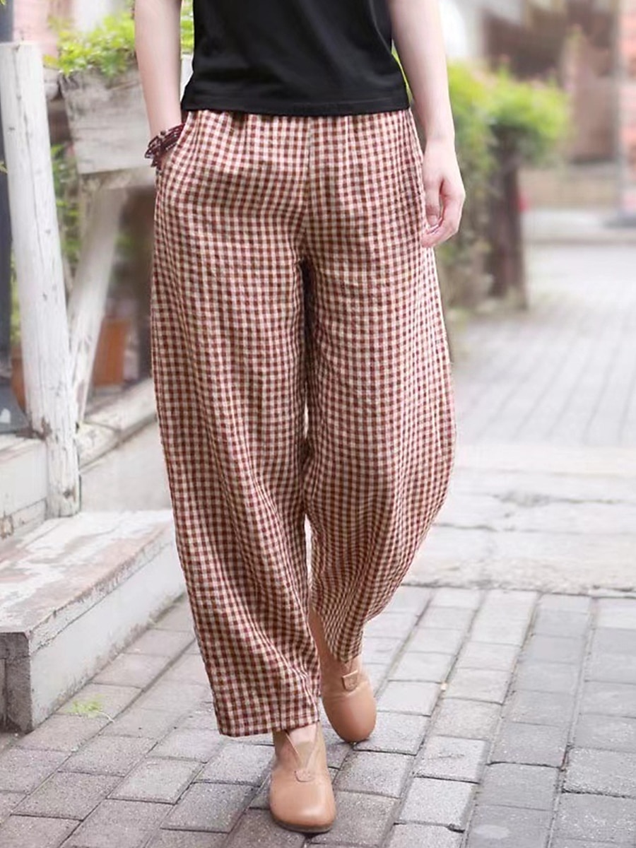 Women's Wide Leg Pants Trousers Linen Cotton Blend Plaid High Waist Full Length Black Fall 2025 - $18.99 –P6