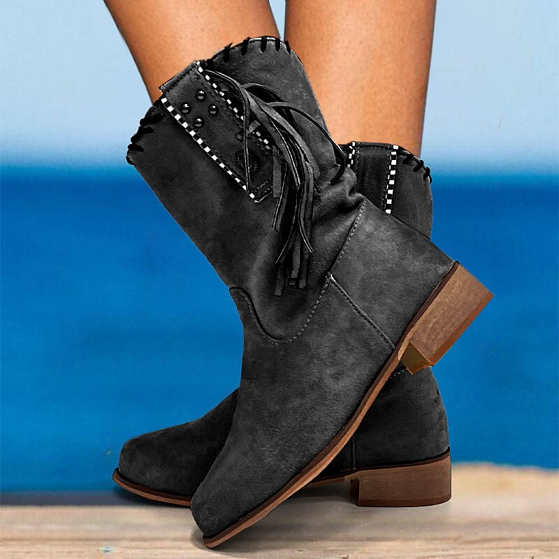 Women's Beige Suede Western Boots with Fringe and Studded Details – Casual Cowgirl Style for Outdoor and Festival Wear 2025 - $54.99 –P1