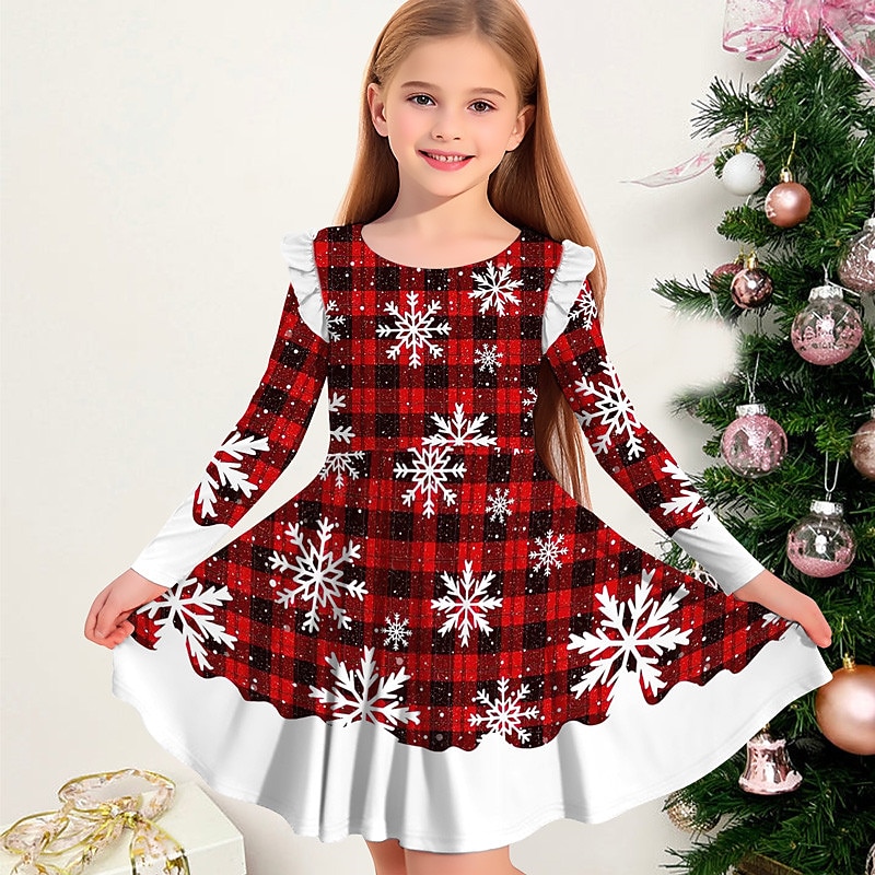 Girls' 3D Plaid Snowflake Snowflake Dress Ruffle Dress Long Sleeve 3D Print  Fall Winter Vacation Sports