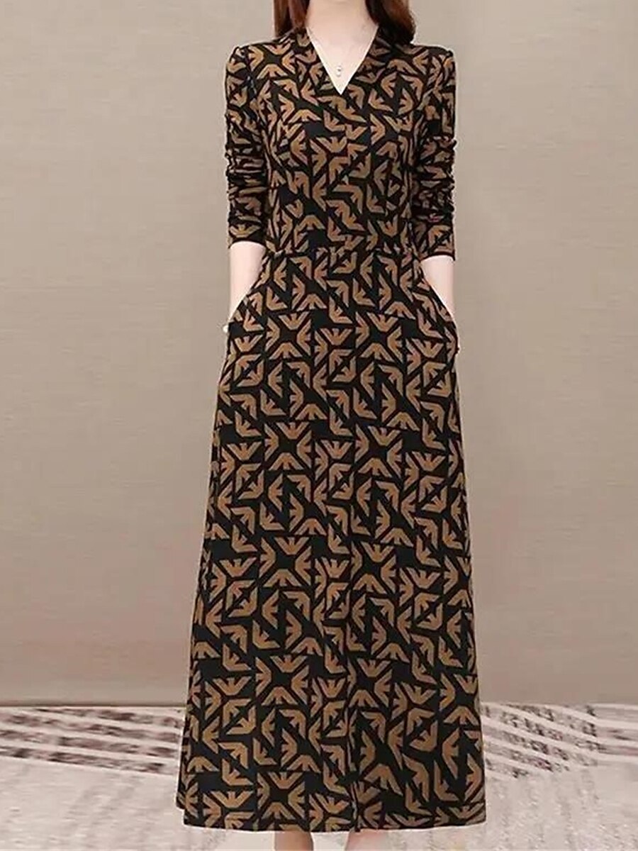 Dame Festkjole Cocktail Kjole Gjestekjole til bryllup Trykt mønster V-hals Langermet Blomstret Midikjole Vinter kjole Bryllupsgjest Rød Beige Vinter 2025 - $25.99 –P3