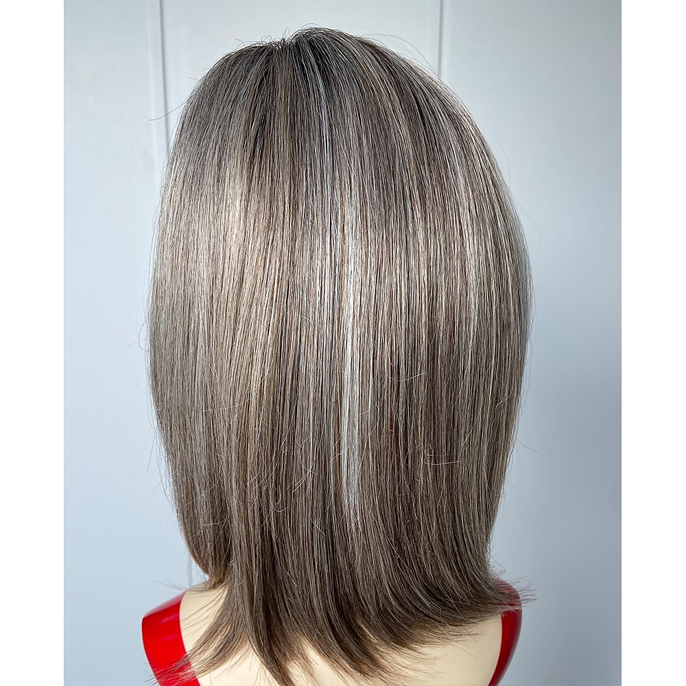 Parrucche corte grigie sfumate per donna Parrucca caschetto grigia lunga fino al mento a strati Parrucca di capelli lisci di media lunghezza Parrucca sintetica dall'aspetto naturale del 2025 a $18.99 –P5