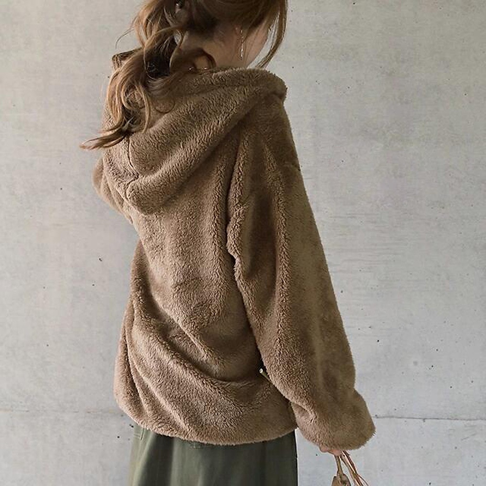Mulheres Côr Sólida Quente Teddy Difusa Manga Longa Capuz Meio Zíper Tops regulares Rua Casual Com Cordão Bolso frontal Quarter Zip Preto Vinho Cinzento Escuro Café Cinzento Outono & inverno de 2025 por $33.99 –P2