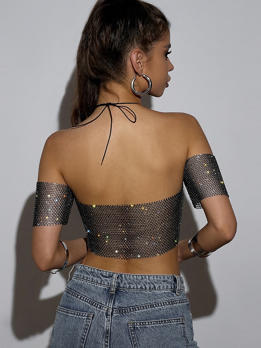 Metallic Sparkle Sexy Crop Tank Top Sheer Mesh Rhinestone Cover Up Disco Solid Color Deep V Women's Carnival Party Club Adults' Tank Top 2025 - $23.99 –P11