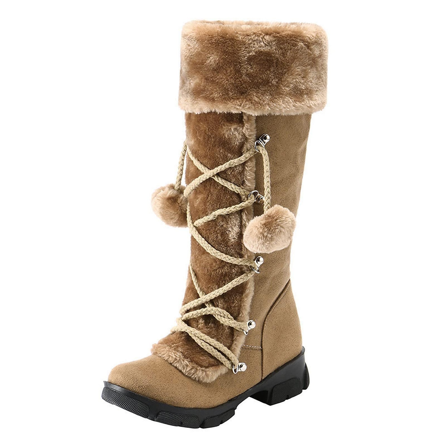 botas de inverno femininas de pele sintética preta com cadarços de pompom - isolamento quente, design na altura do joelho, solas antiderrapantes para clima frio e dias de neve de 2025 por $59.99 –P4