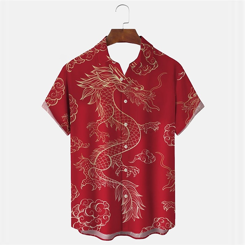 New Year Men's Dragon Shirt Button Up Shirt Short Sleeve Casual Daily Wear Going out Weekend Autumn / Fall Turndown Print Button-Down Yellow Red Burgundy 2025 - $24.99 –P6
