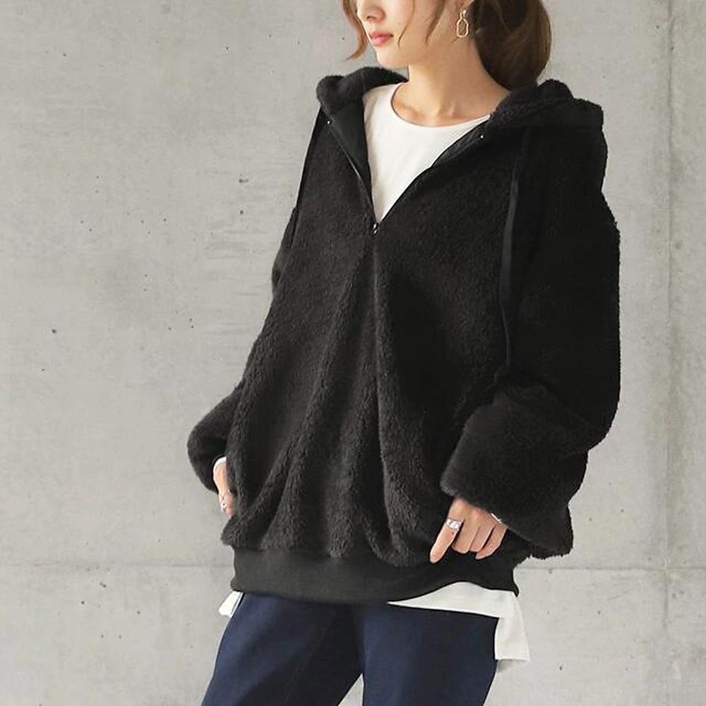 Mulheres Côr Sólida Quente Teddy Difusa Manga Longa Capuz Meio Zíper Tops regulares Rua Casual Com Cordão Bolso frontal Quarter Zip Preto Vinho Cinzento Escuro Café Cinzento Outono & inverno de 2025 por $33.99 –P5