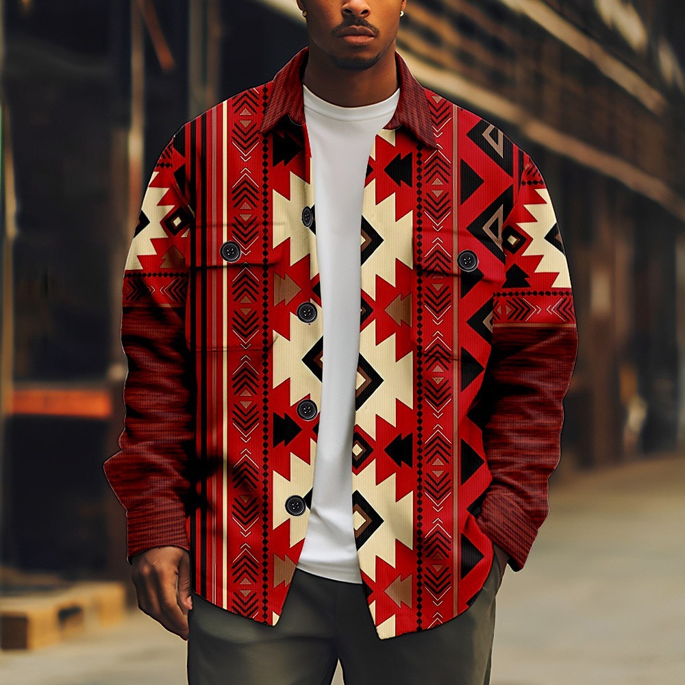 Men's Bohemian Argyle Bandana Print Shirt Shirt Jacket Long Sleeve Vintage Outdoor Vacation Casual Daily Fall & Winter Lapel Buttons Pocket Print Red Brown Green Coffee 2025 - $37.99 –P5