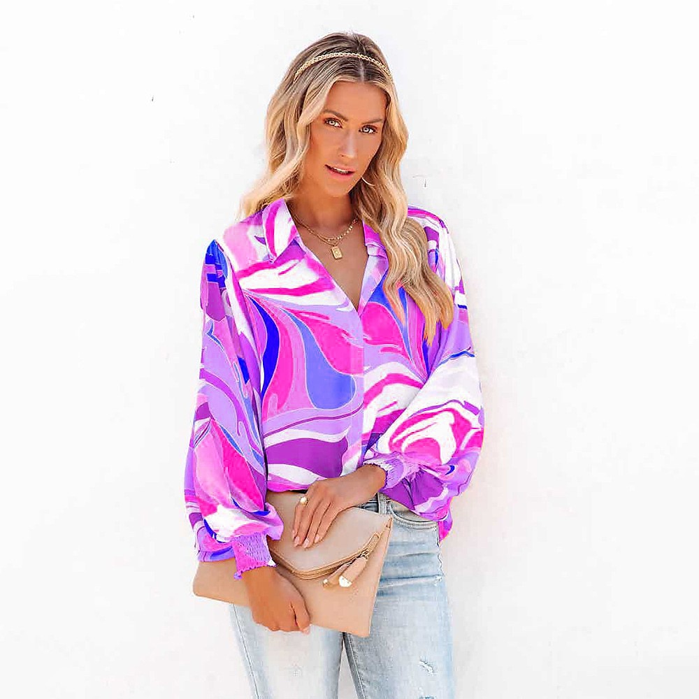 Women's Shirt Blouse Fashion Buttons Print Long Sleeve Regular Tops Shirt Collar Casual Blue Purple Green Gray Spring & Fall 2025 - $21.99 –P15