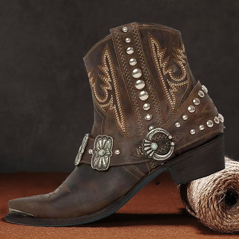 férfi western cowboy csizma díszített csatos pántokkal és szegecses dizájnnal - vintage stílusú műbőr bokacsizma rodeó és hétköznapi viselethez 2025 - $84.99 –P1