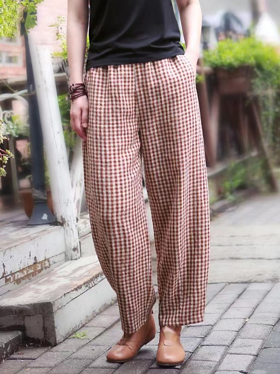 Women's Wide Leg Pants Trousers Linen Cotton Blend Plaid High Waist Full Length Black Fall 2025 - $18.99 –P5
