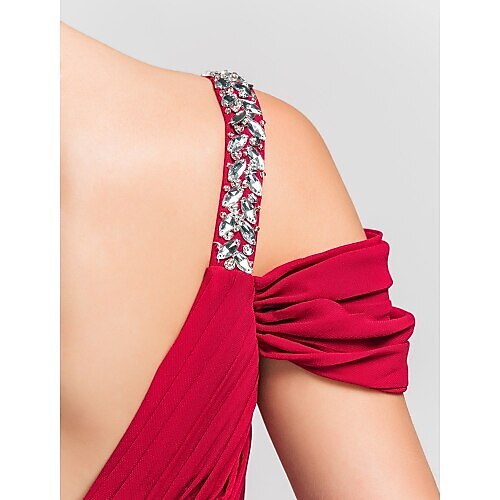 Sheath / Column Elegant Prom Formal Evening Dress One Shoulder Short Sleeve Sweep / Brush Train Chiffon with Ruched Beading 2022 2026 - $137.99 –P2