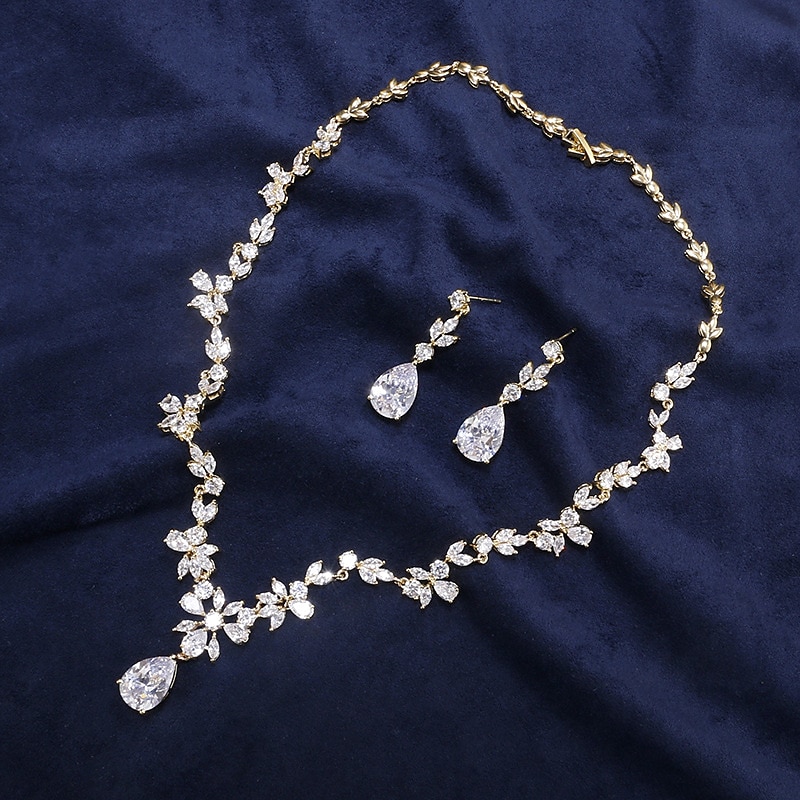 Bruidssieradensets 1 set Kubieke Zirkonia Koper 1 Ketting Oorbellen Dames Luxe Elegant Laten vallen Sieraden set Voor Bruiloft Feest Vuosipäivä 2025 - $57.99 –P3