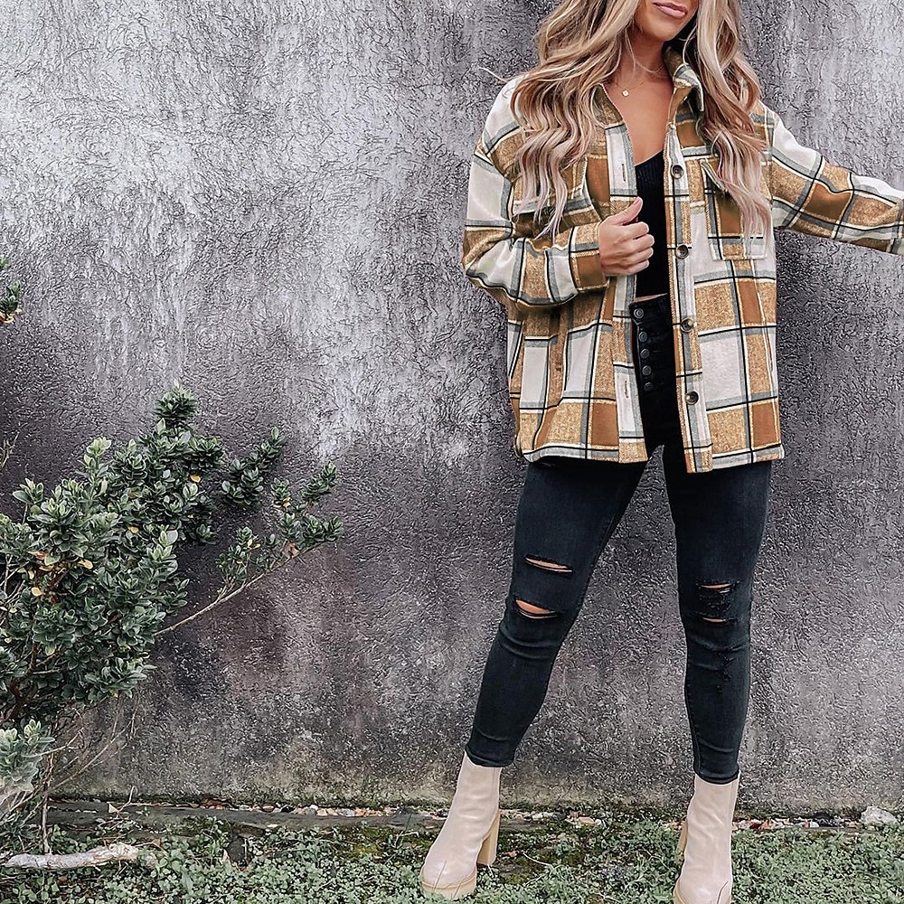 Women's Shirt Blouse Fashion Plaid Buttons Pocket Print Long Sleeve Regular Tops Shirt Collar Casual Black Red Green Khaki Spring &  Fall 2025 - $28.99 –P14