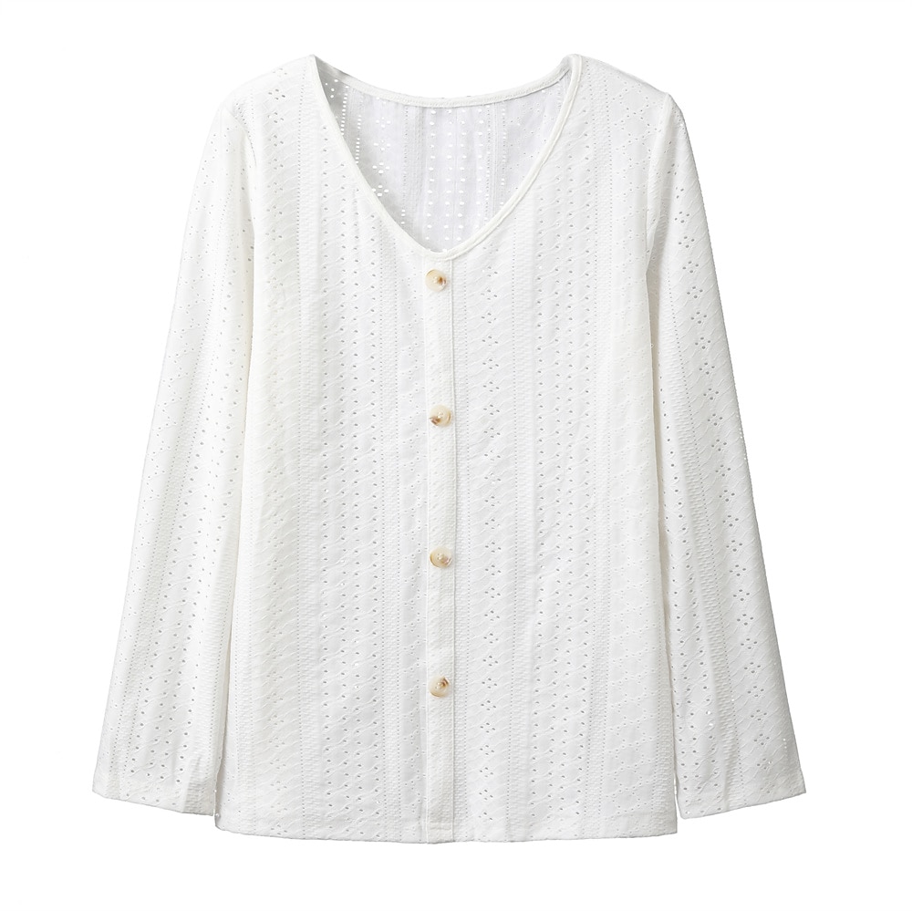 Top in pizzo bianco elegante da donna con ricami blusa elegante top alla moda con bottoni di base a maniche lunghe top regolari colletto a V casual top romantici petite per le vacanze abbigliamento del 2025 a $16.99 –P1